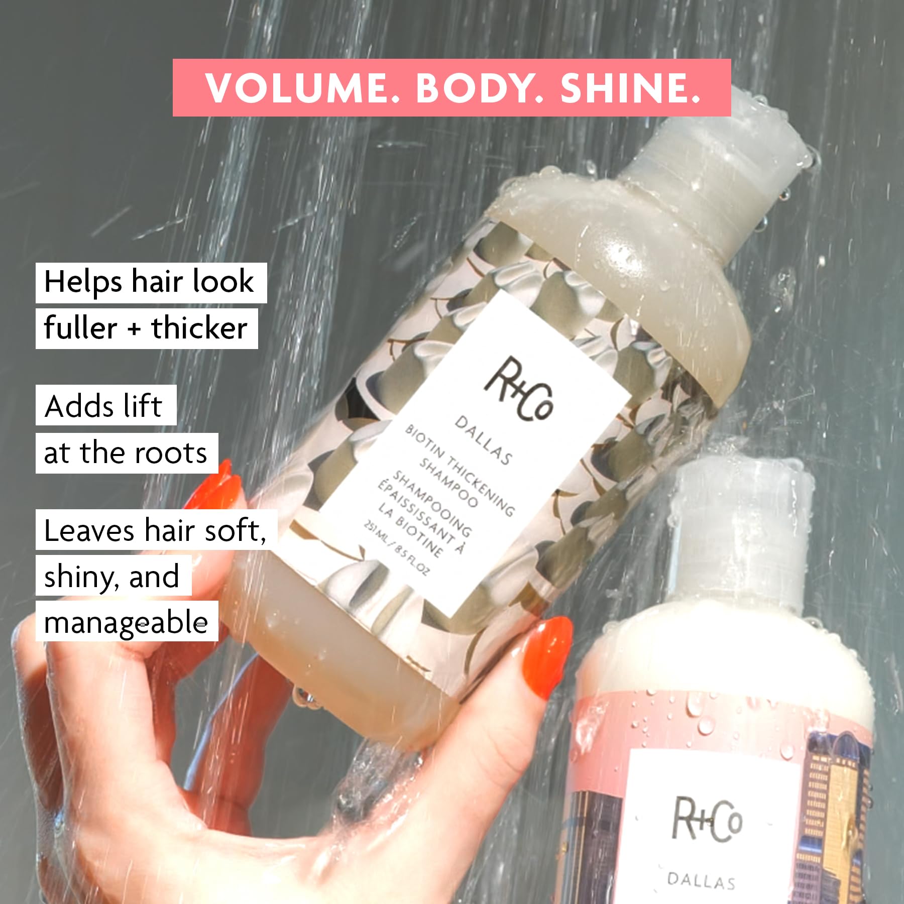 R+Co Dallas dispensing shampoo from pump for easy application benefit