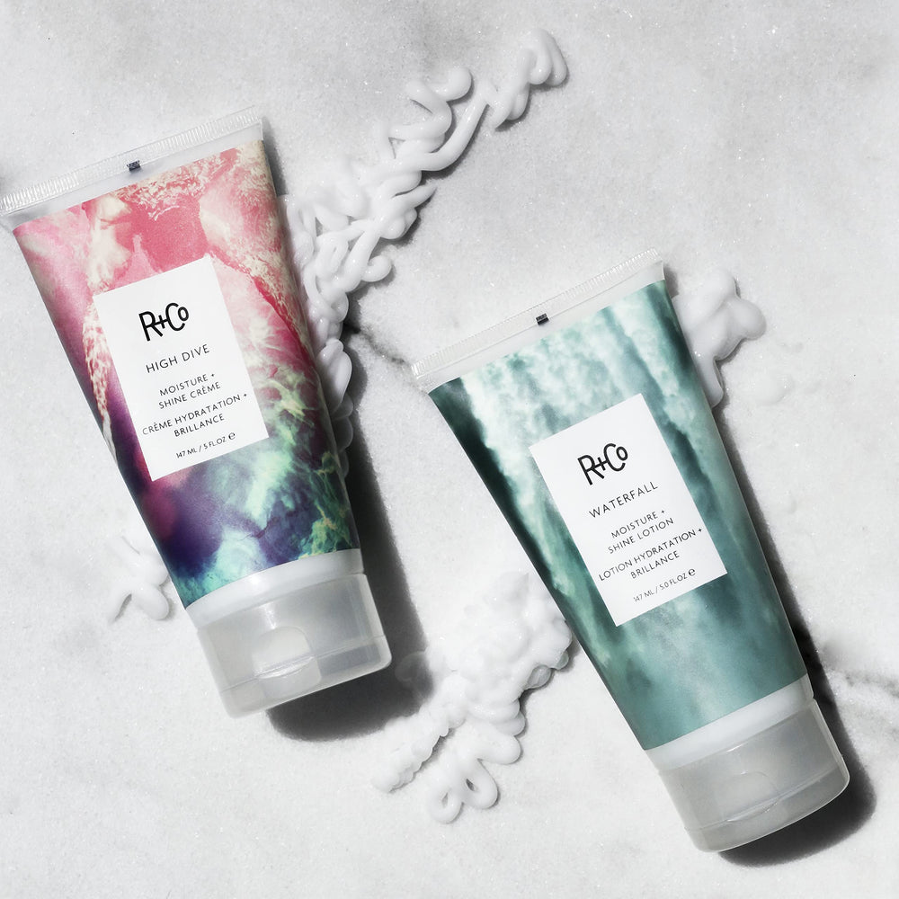 R+Co High Dive applied on hair in hand demonstrating frizz control and easier styling