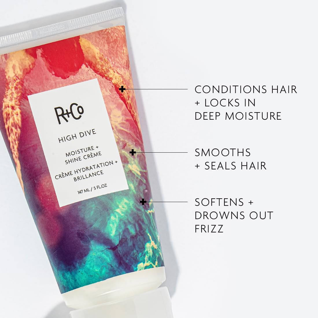 R+Co High Dive cream texture close-up illustrating lightweight hydration and smooth consistency