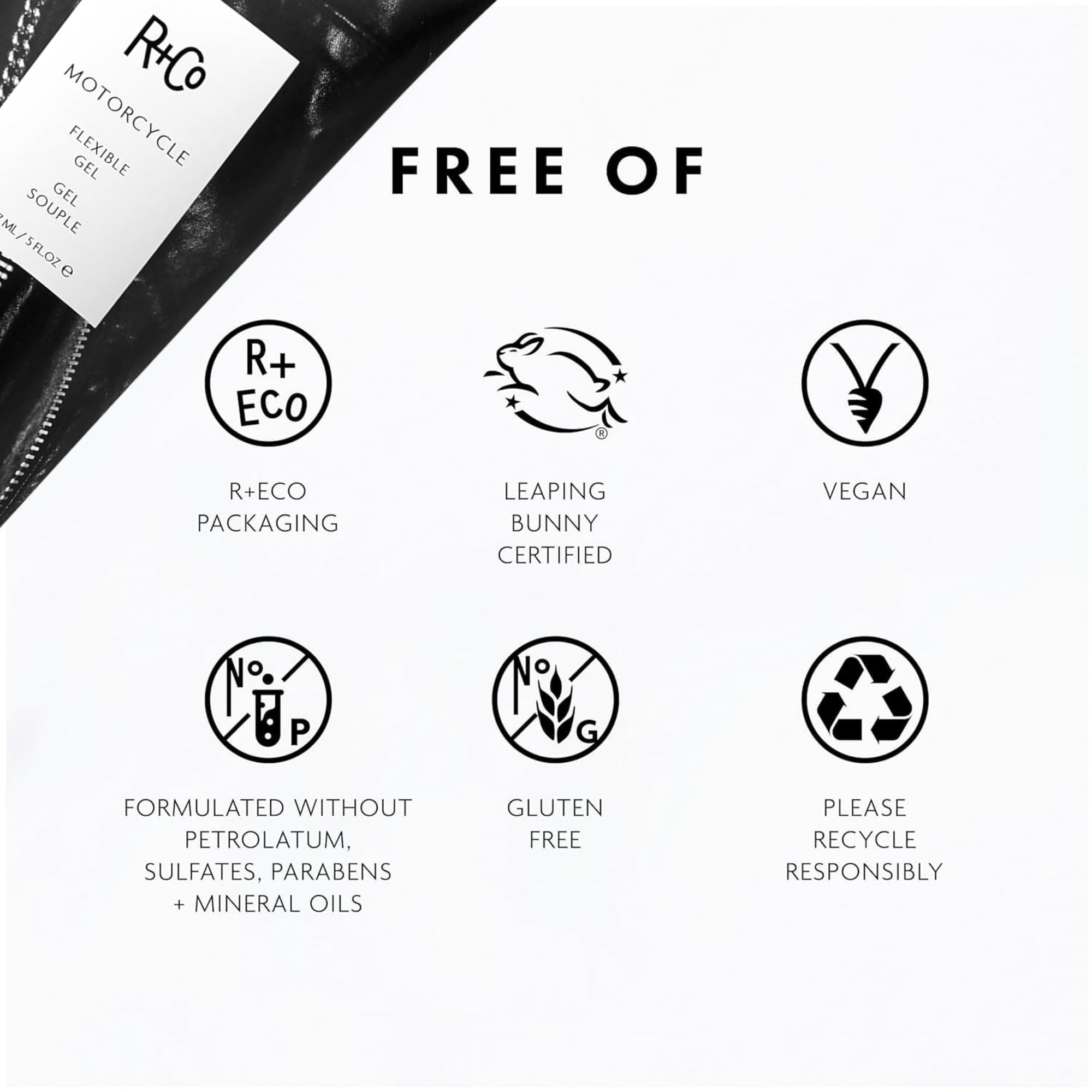 R+Co Motorcycle ingredients label closeup highlighting keratin and sunflower extract
