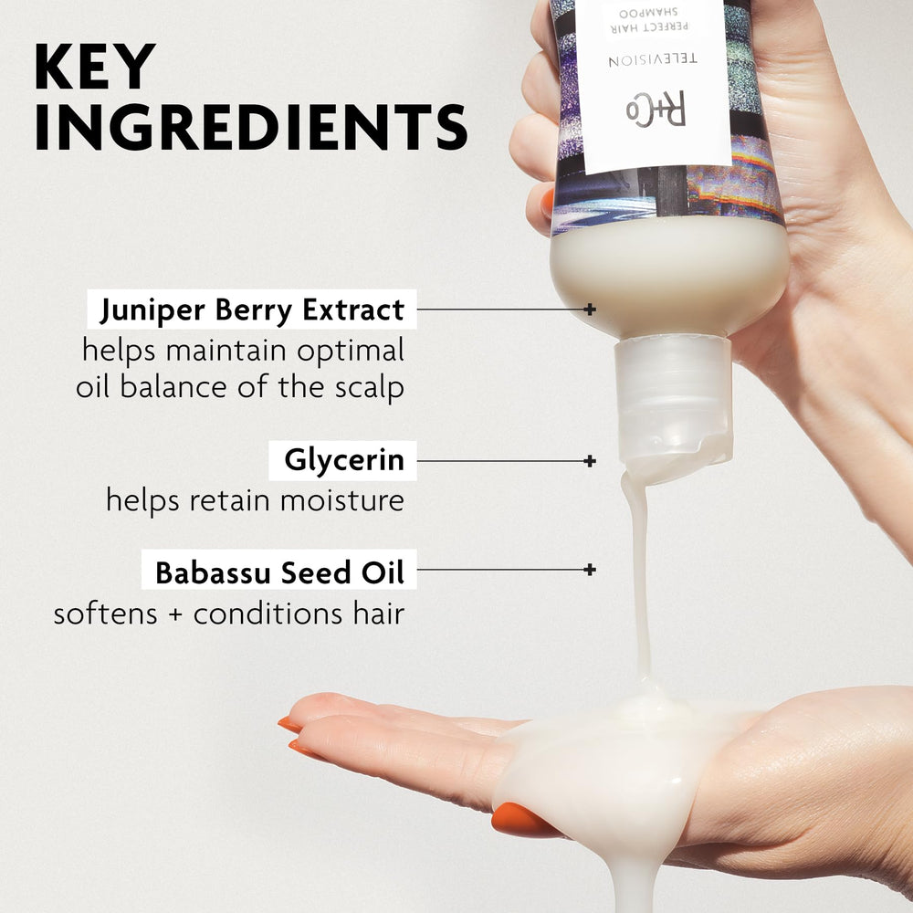 R+Co Television shampoo label detail highlighting ingredients and eco packaging benefits