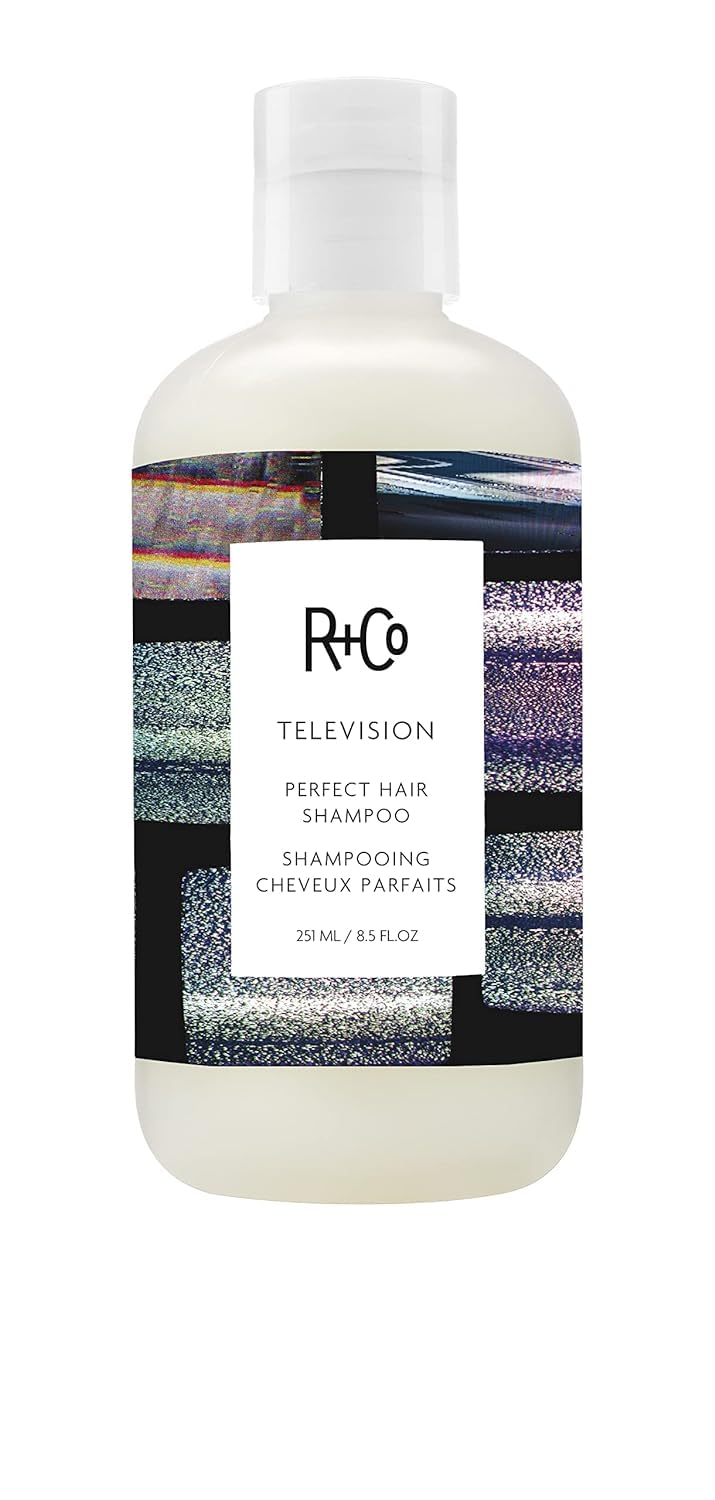 R+Co Television shampoo front packaging showing brand and shine benefits