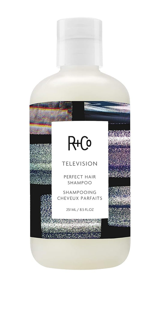 R+Co Television shampoo front packaging showing brand and shine benefits