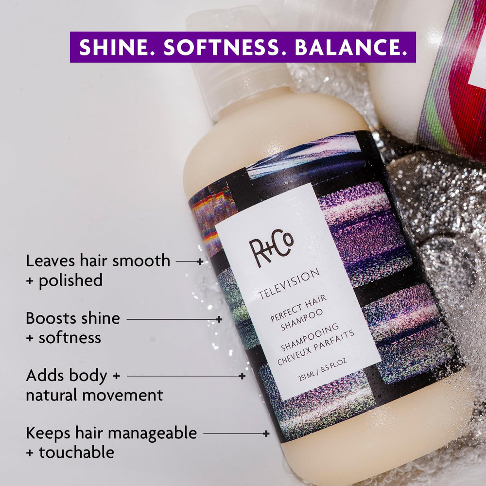 R+Co Television shampoo foam on palm demonstrating gentle lather and cleansing