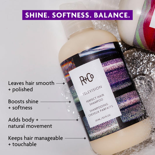 R+Co Television shampoo foam on palm demonstrating gentle lather and cleansing