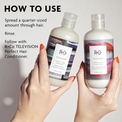 R+Co Television shampoo size comparison with hand illustrating bottle scale and ease