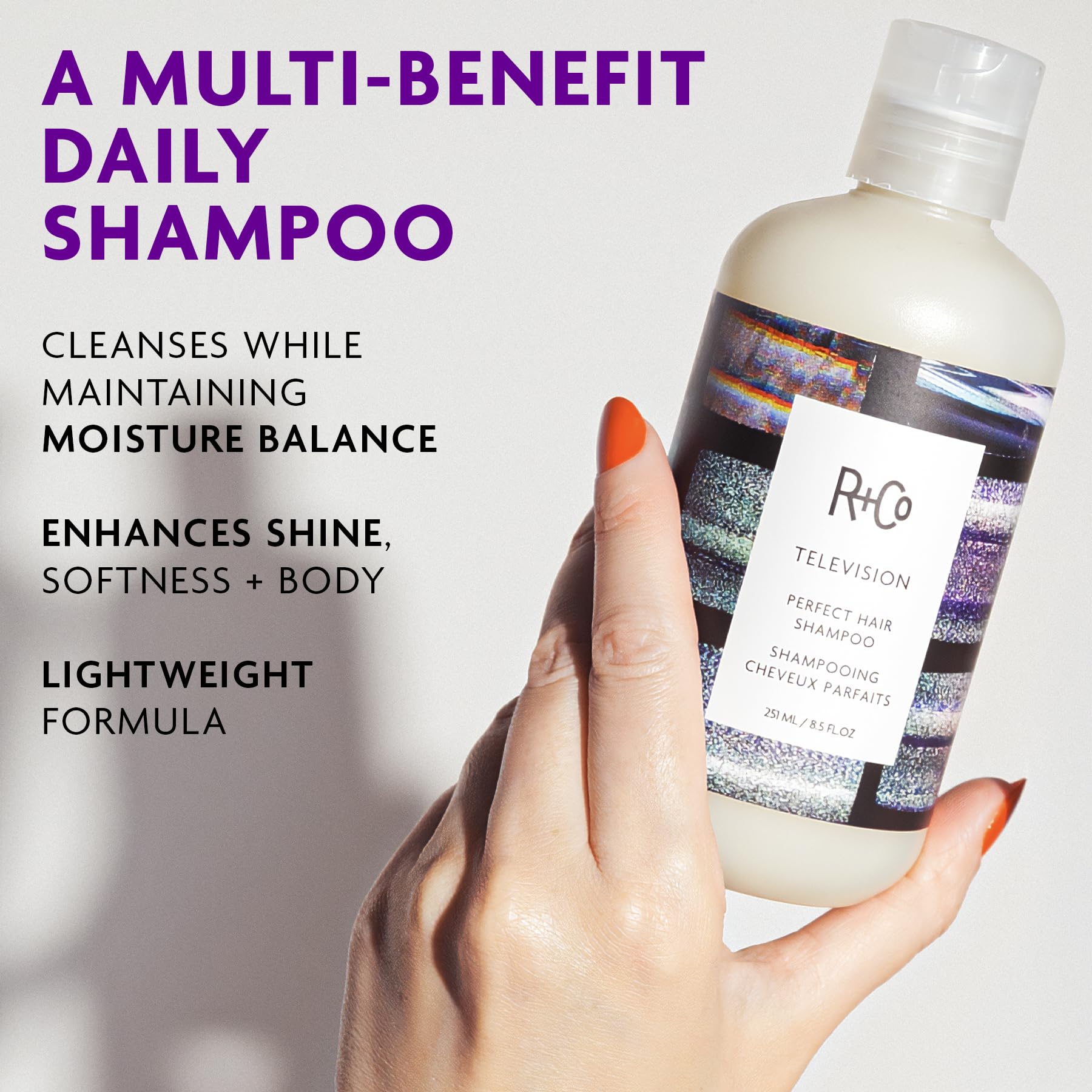 R+Co Television shampoo texture close-up showing creamy emollient feel and smoothness