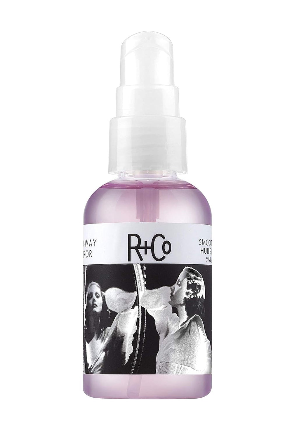 R+Co two way mirror front bottle showing sleek packaging and instant gloss benefit