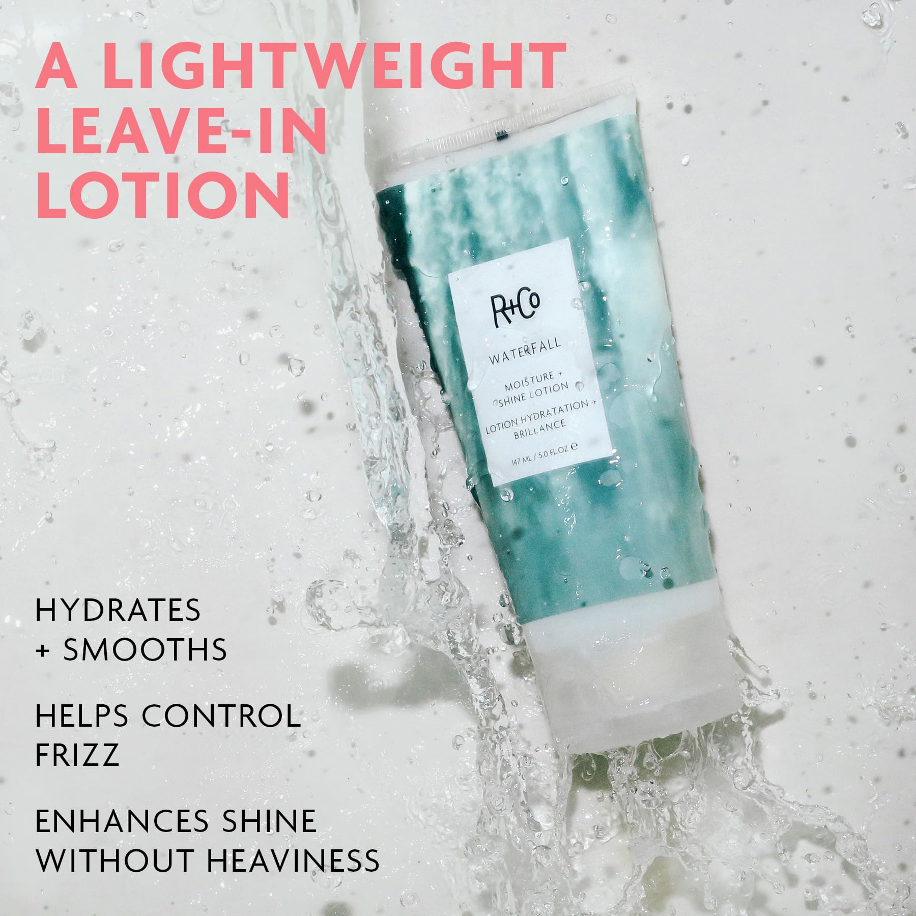 R+Co Waterfall being applied to damp hair demonstrating smoother styling and control