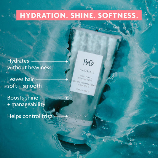 R+Co Waterfall label and pump close-up highlighting product information and design