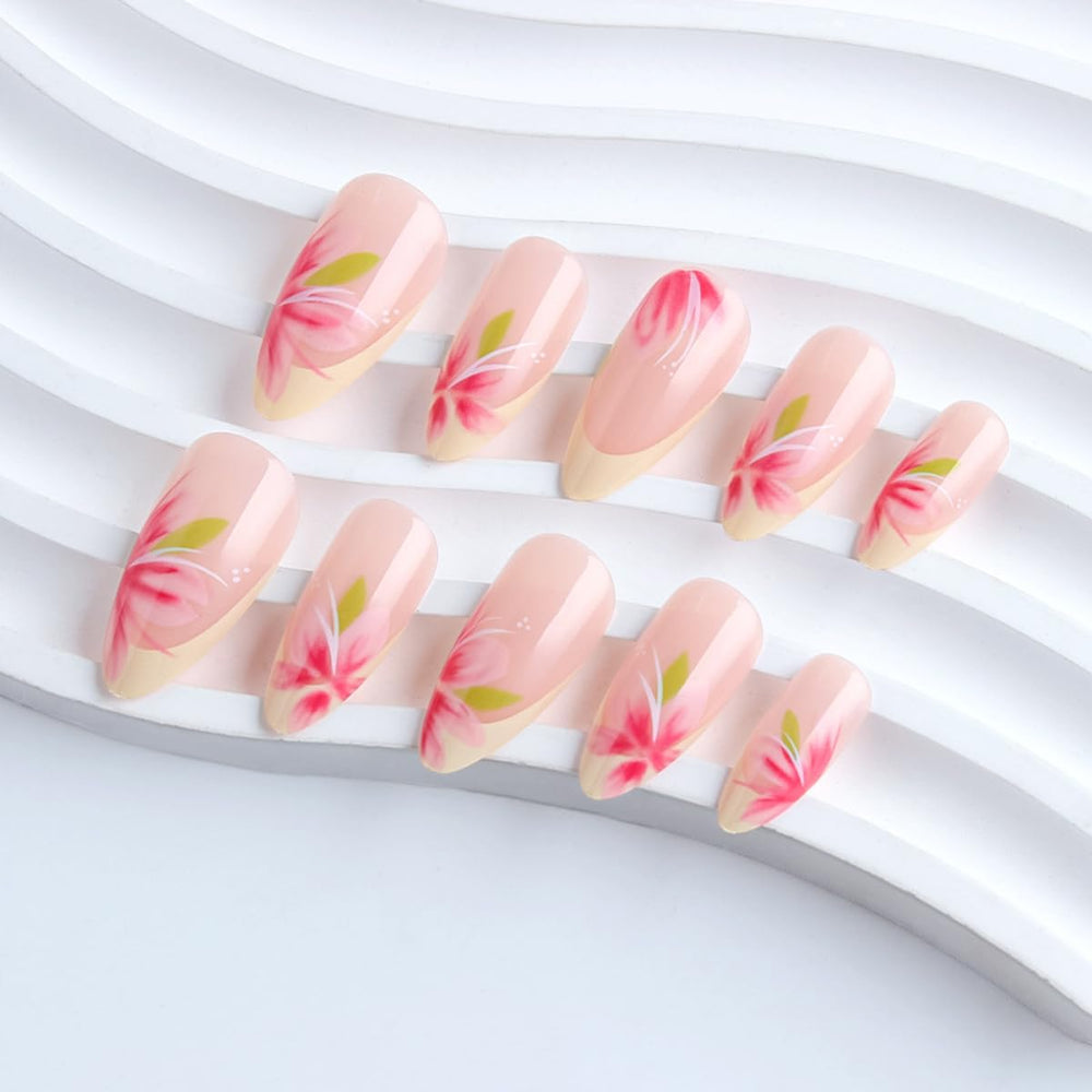 Rdntbeu close-up of pink flower and yellow French tip detail, intricate design benefit