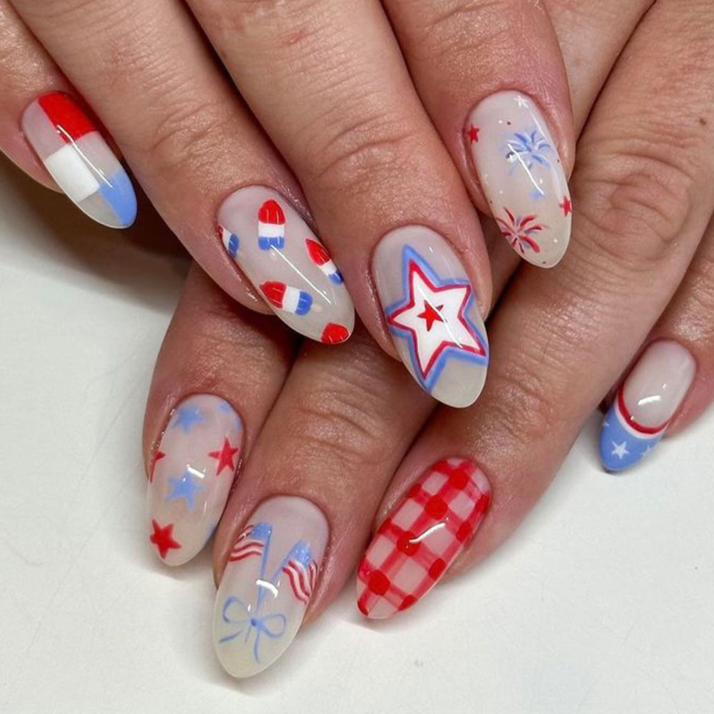 Rdntbeu front packaging showing 24-piece patriotic press-on nails for easy storage and selection