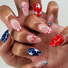 Rdntbeu front packaging showing 24-piece patriotic press-on nails and storage convenience