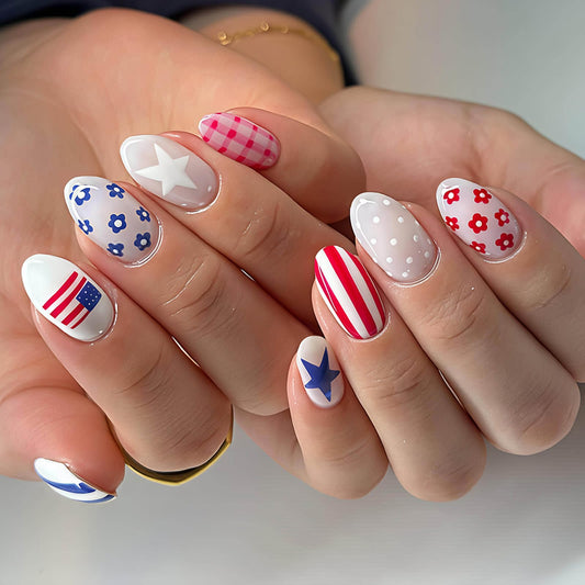 Rdntbeu front packaging showing 24-piece patriotic press-on nails and box for easy storage