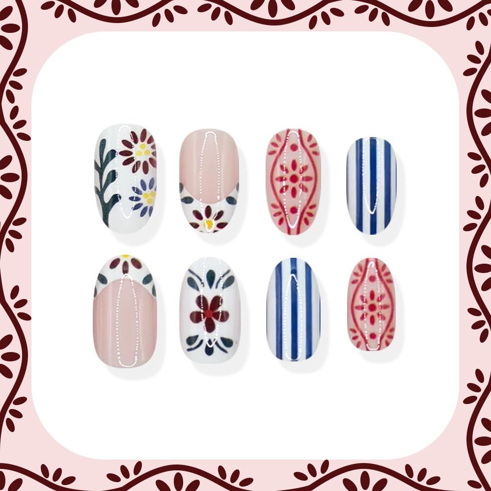 Rdntbeu striped and leaf pattern nails arranged to display variety and styling options