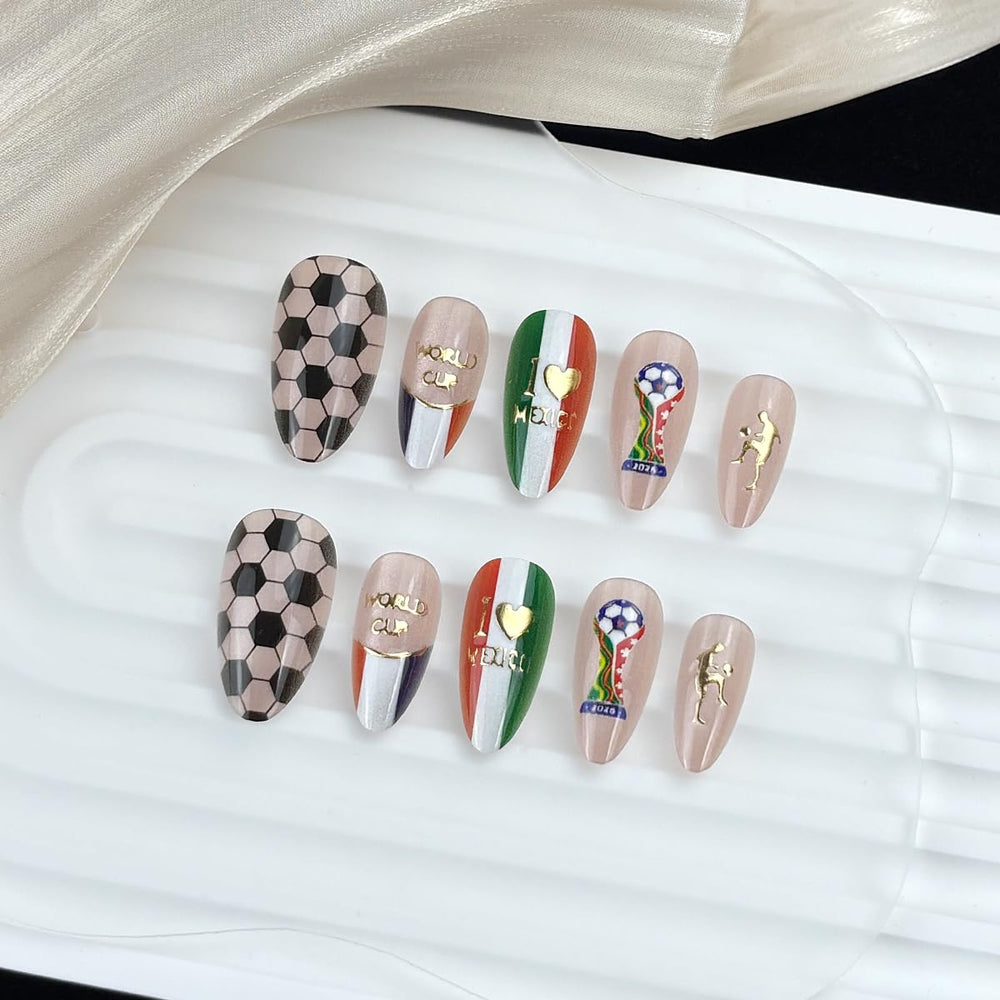 Rdntbeu model wearing almond press-on nails illustrating polished, match-ready look