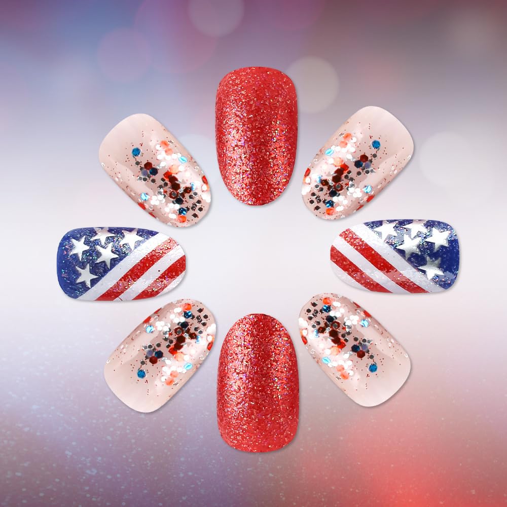 Rdntbeu nails worn on hands showing finished patriotic manicure for celebrations