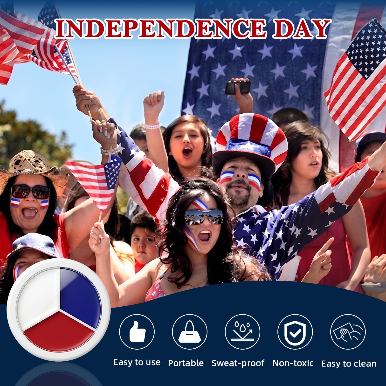 Re. Misoo applied cheek flag demonstrating vivid red, white, blue fan-ready look