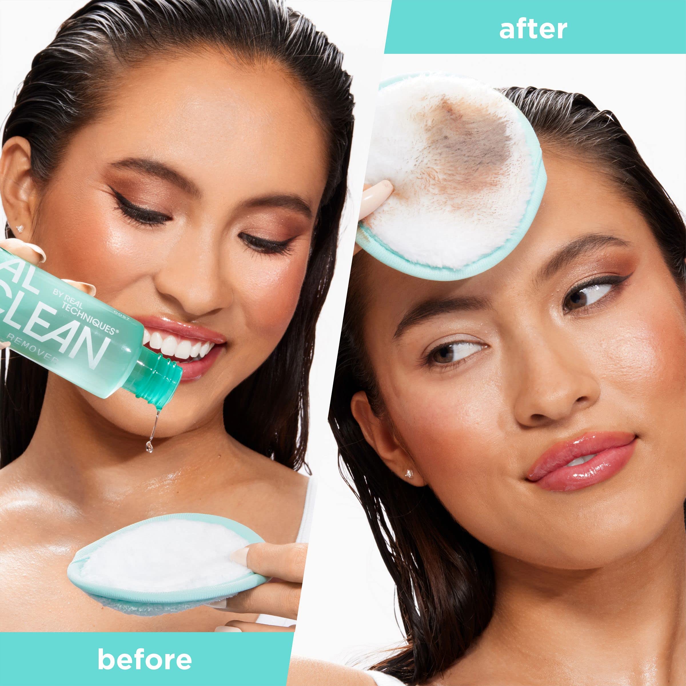 Real Techniques before and after eye close-up showing brighter, cleaner eye area benefit