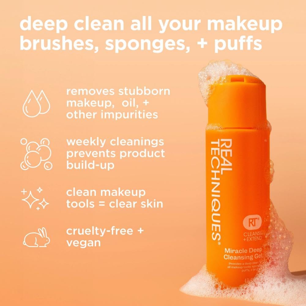 Real Techniques cleaning in use with brush and sponge showing improved tool hygiene