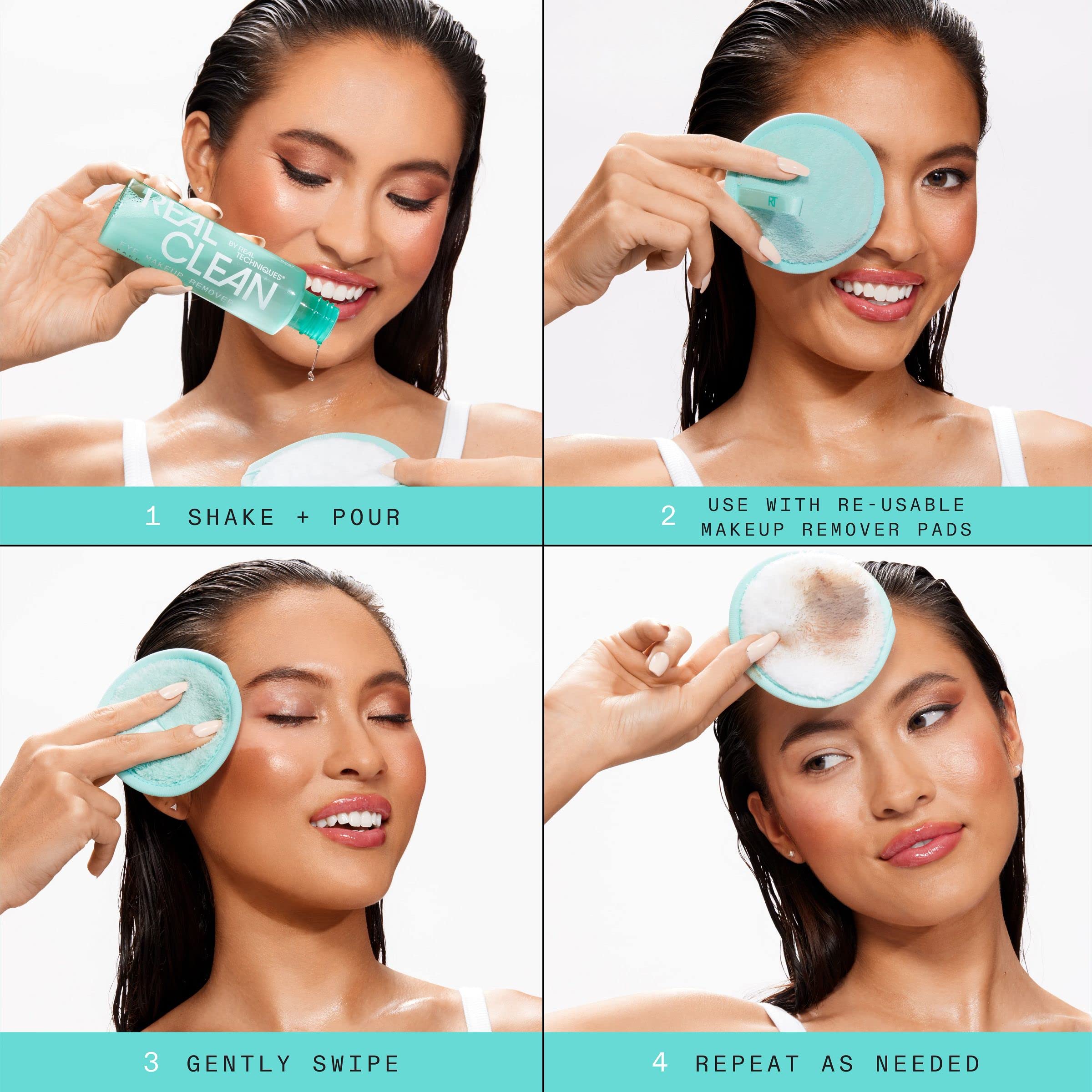 Real Techniques pad application on closed eye showing no-tug gentle removal benefit
