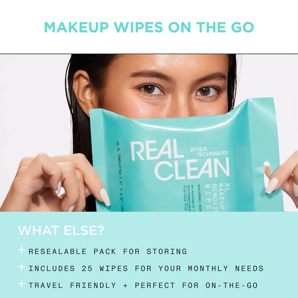 Real Techniques wipe next to hand illustrating extra-large size and coverage