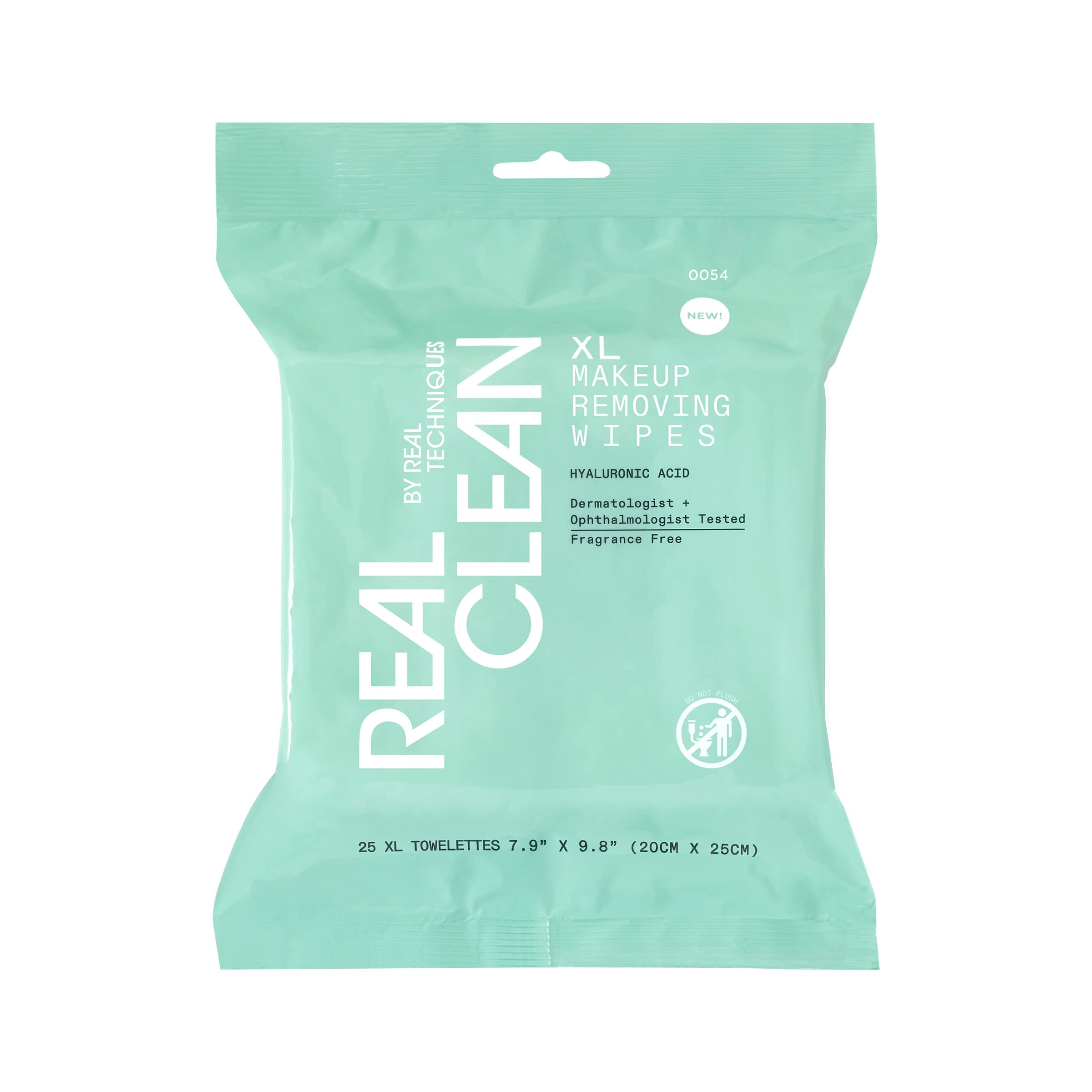 Real Techniques front pack showing XL wipes and resealable seal for convenience