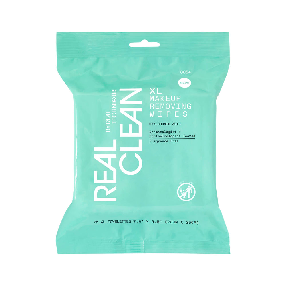 Real Techniques front pack showing XL wipes and resealable seal for convenience
