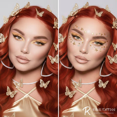 Rebel Tattoos applied on cheek demonstrating sparkling effect and easy adhesion