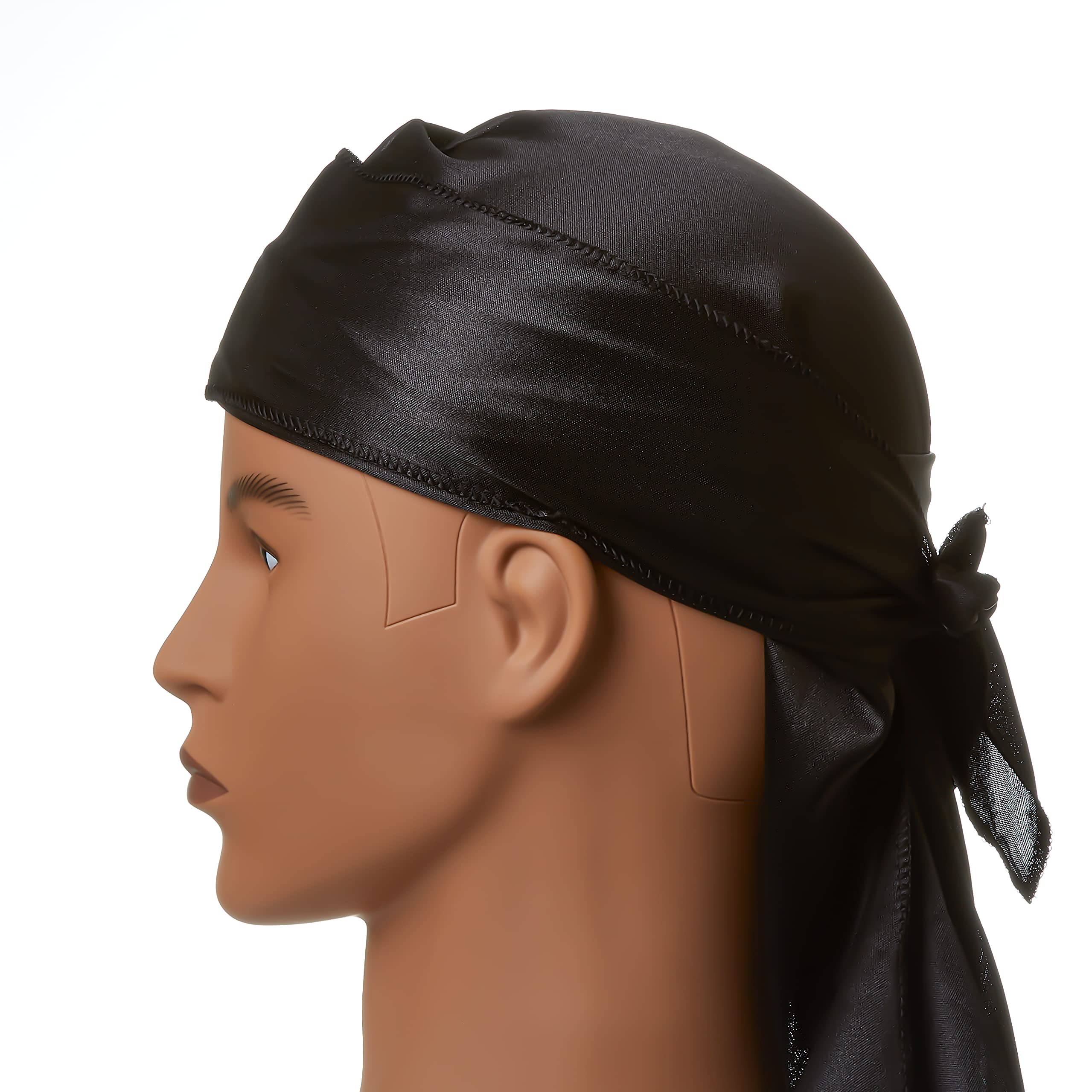 Red by Kiss durag beside hand for scale showing long tails and one-size fit benefit