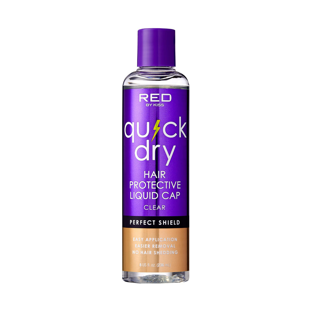 Red by Kiss front packaging of clear 8oz bottle showing product benefits