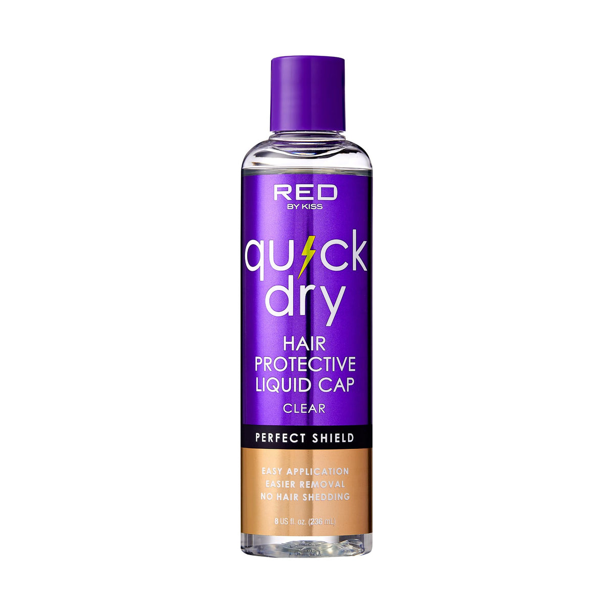 Red by Kiss front packaging of clear 8oz bottle showing product benefits