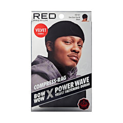 Red by Kiss durag front view showing sleek velvet and secure fit benefit: compression control