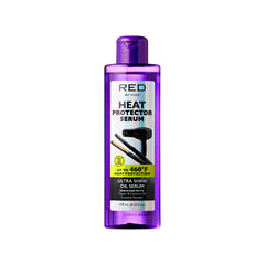 Red by Kiss front packaging showing bottle and cap, clear protective styling serum benefit