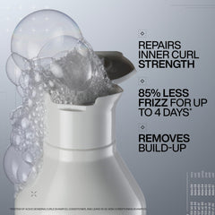 Redken label and pump detail emphasizing Curl-Bond Technology and silicone-free benefit