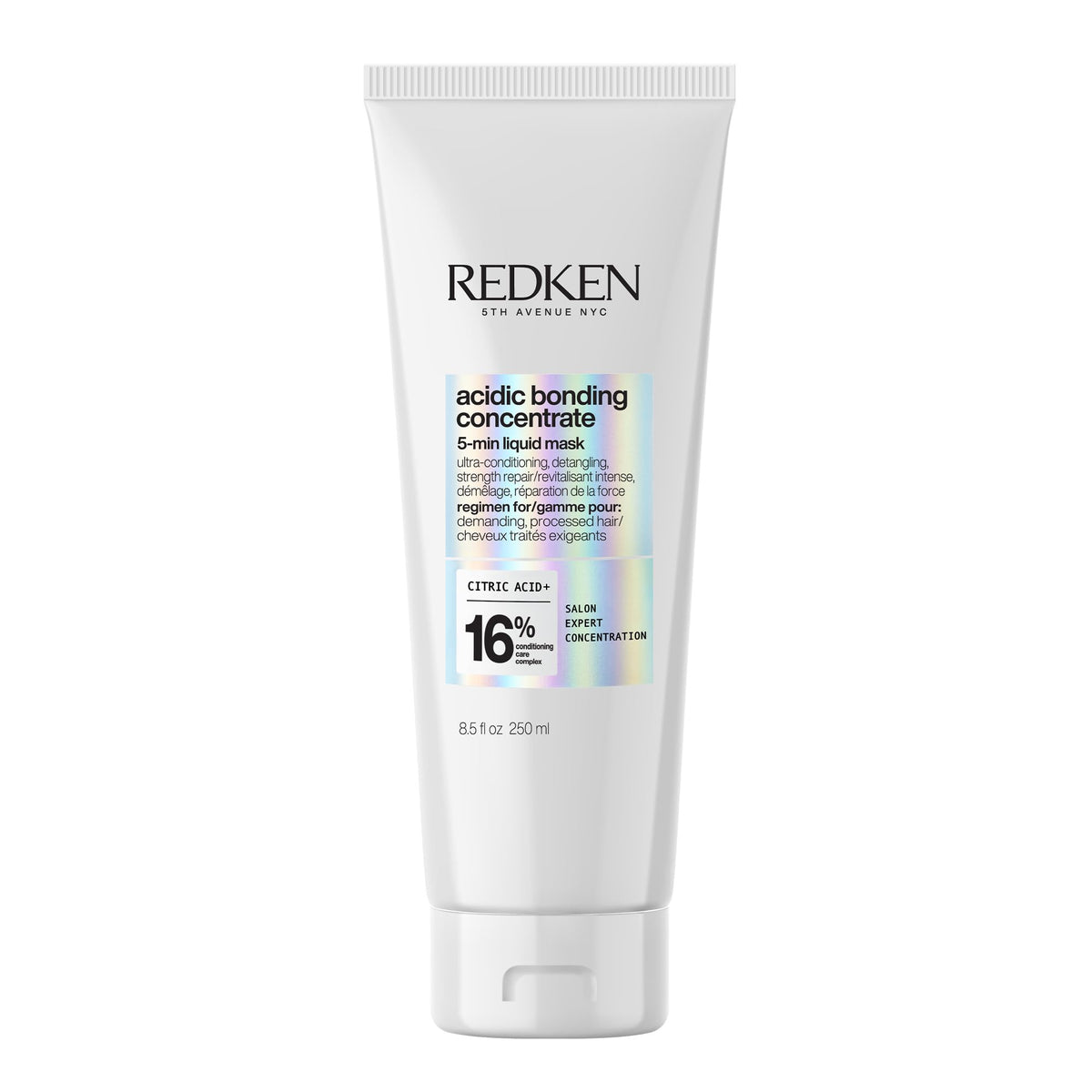 Redken front packaging showing 5-minute liquid mask and usage benefit