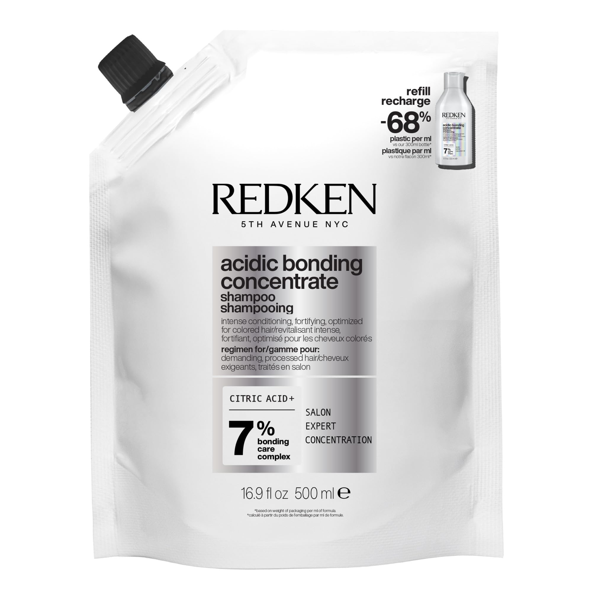 Redken refill front view shows product identity and sustainable benefit