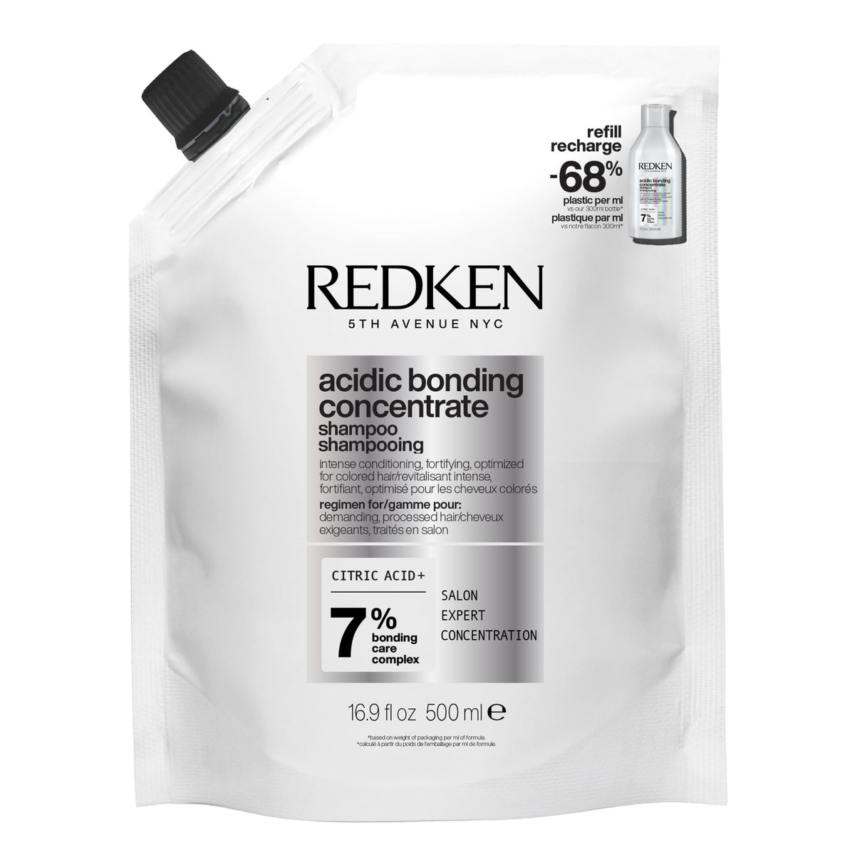 Redken refill front view shows product identity and sustainable benefit