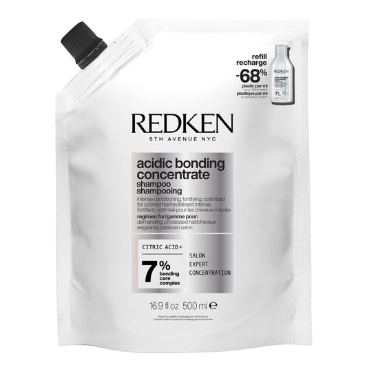 Redken refill front view shows product identity and sustainable benefit