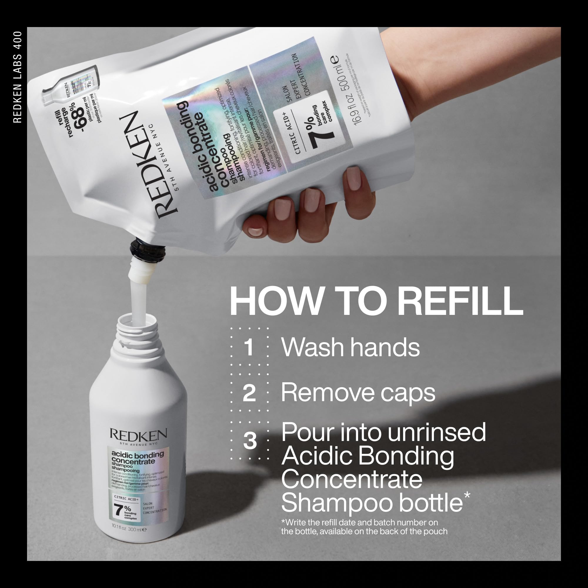 Redken refill next to standard bottle showing larger value and savings