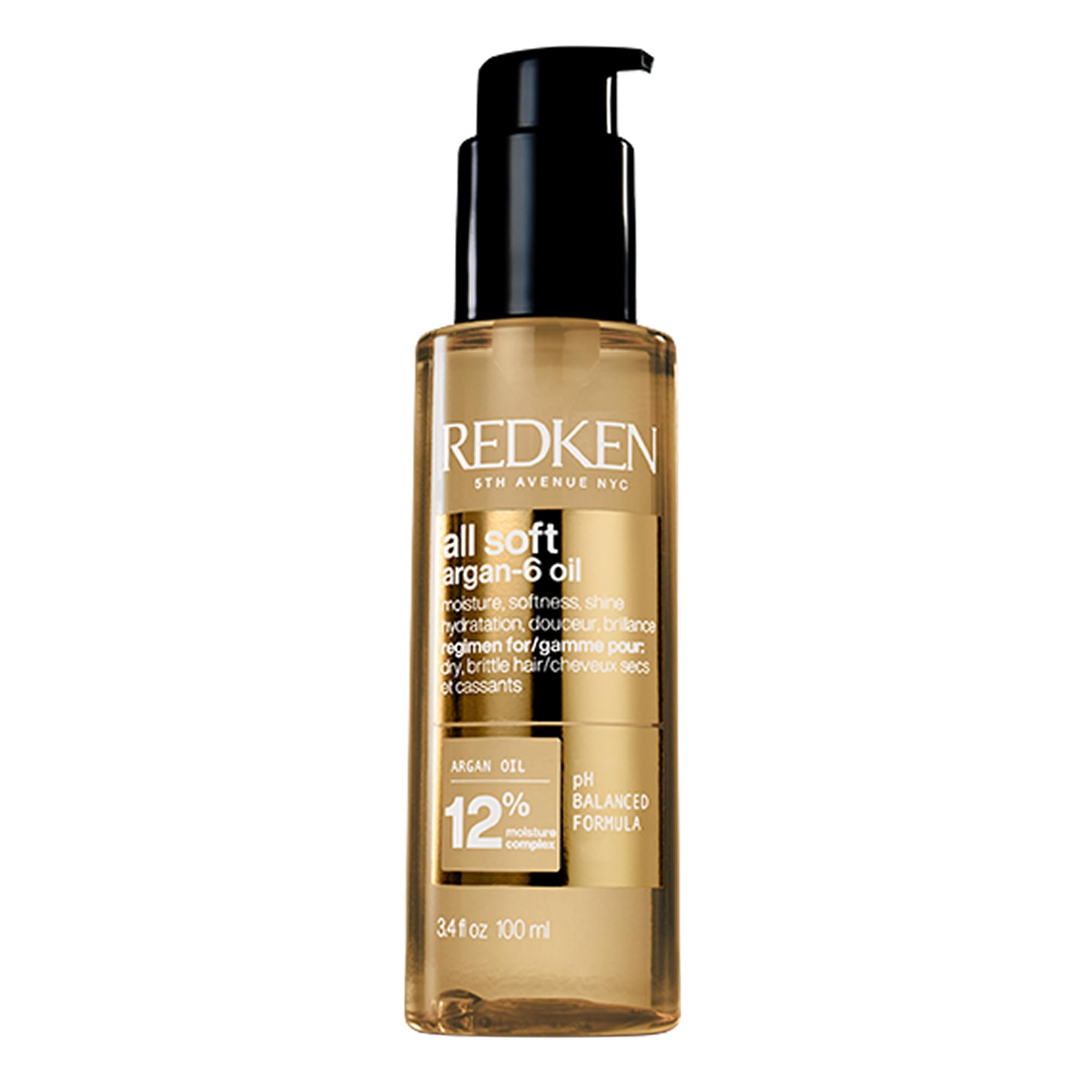 Redken all soft argan-6 front bottle showing sleek packaging and brand benefit