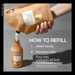 Redken product beside hand for scale showing refill size benefit