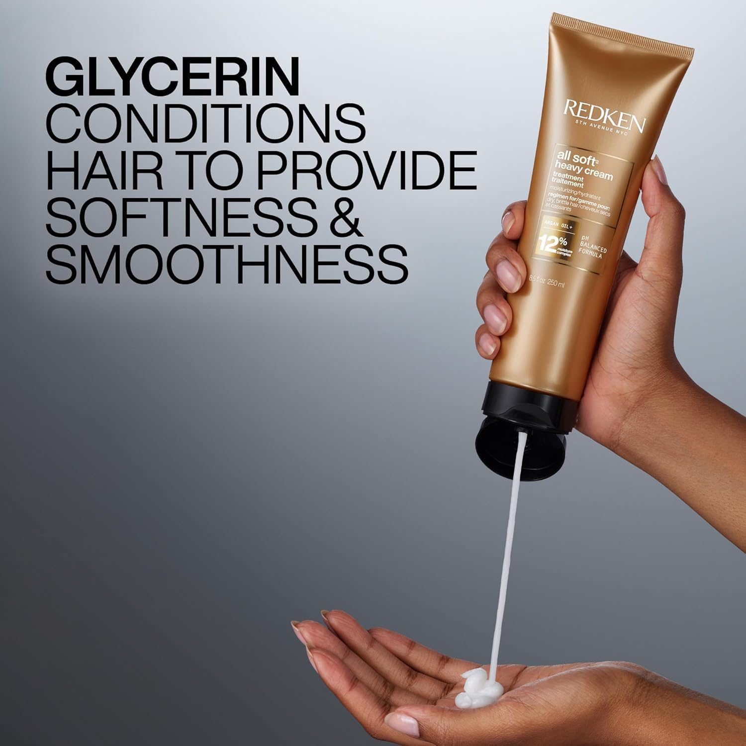 Close-up of Redken label and ingredients emphasizing professional-grade formulation benefit