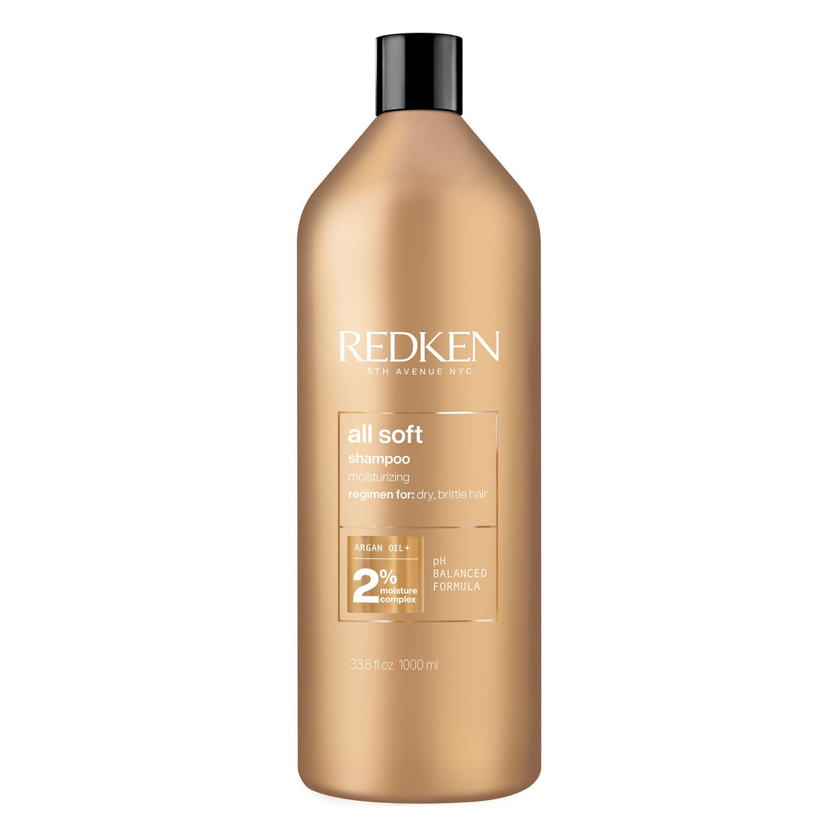 Redken All Soft shampoo front bottle showing brand and moisturizing benefit