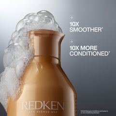 Redken label close-up highlighting argan oil and moisture complex benefits