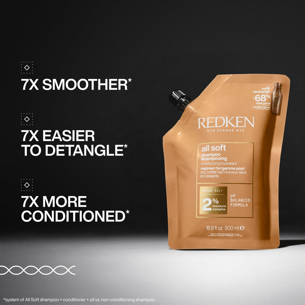 Redken refill pouch emphasizing reduced plastic and cost savings