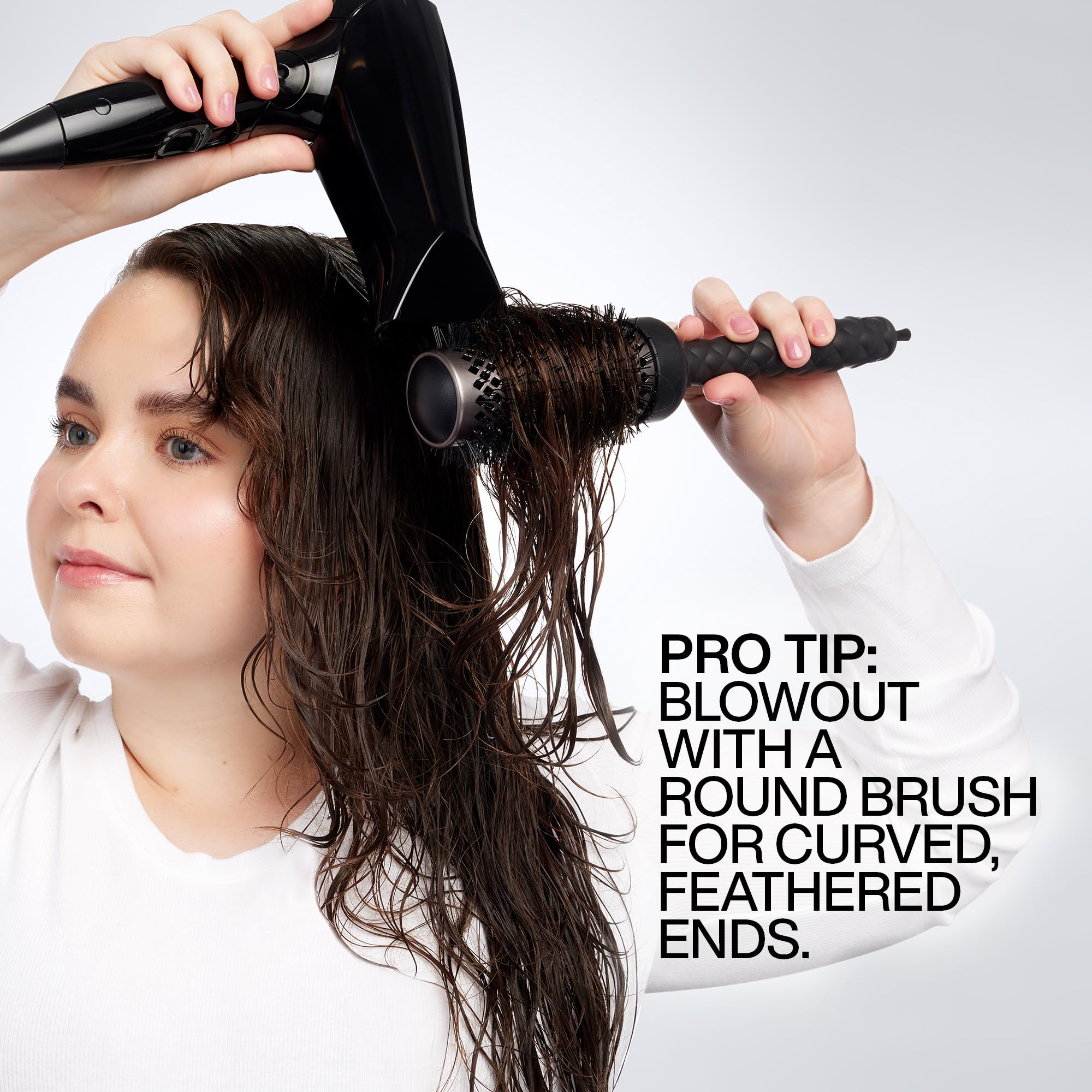 Redken Big Blowout before and after blowdry displaying increased volume and shine
