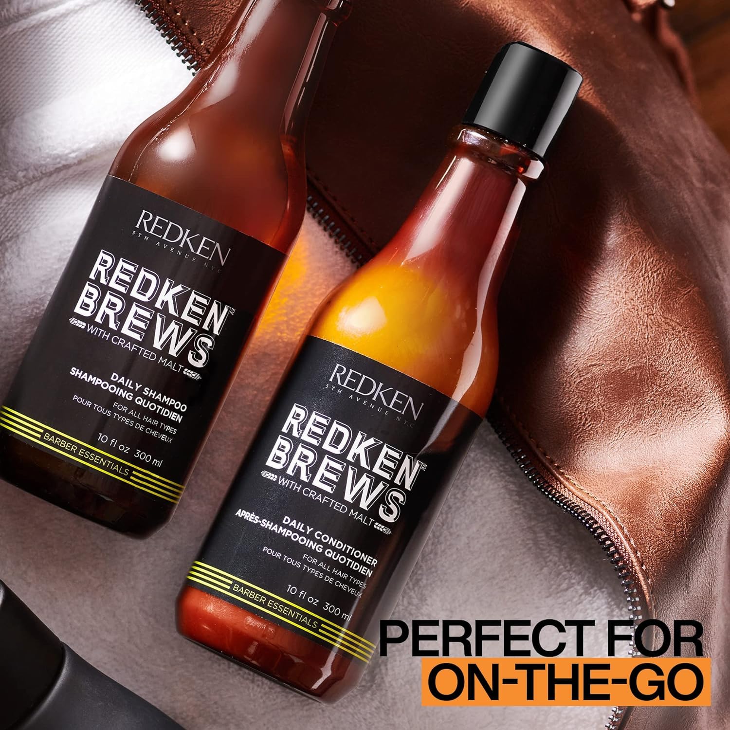 Redken Brews bottle beside beard tools suggesting versatile grooming routine