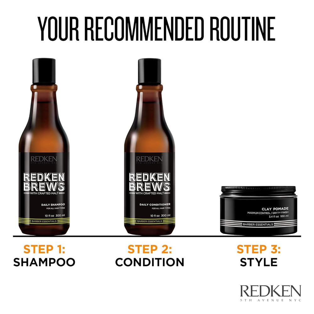 Redken Brews shampoo pouring to show large 33.8 fl oz size convenience