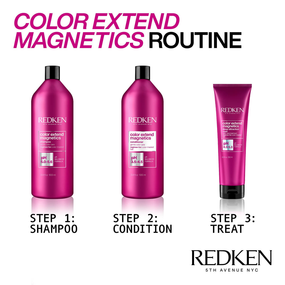 Redken bottle in shower being used to cleanse color-treated hair effectively